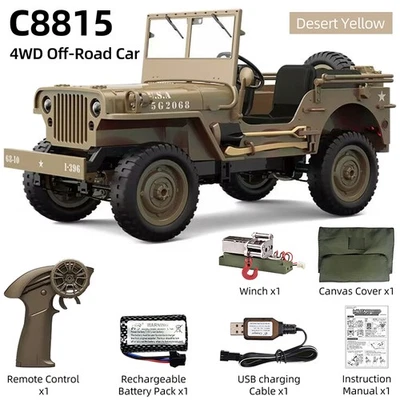 JJRC C8815 4WD RC Military Jeep 2.4G Off Road Light Remote Controler Brushed Car - Image 1 of 4