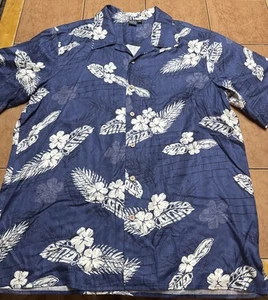Hawaiian Shirt Mens Sz Large Saks Fifth Ave 100% Silk Blue Beach Aloha Vacation - Picture 1 of 6