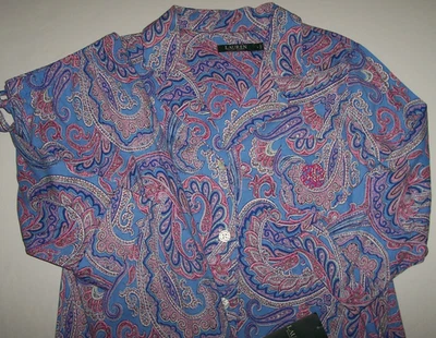 NUEVO CON ETIQUETAS Ralph Lauren 100% ALGODÓN TEJIDO Azul/Rosa PAISLEY Capri Pijama Conjunto Para Mujer L Foto 1 de 4