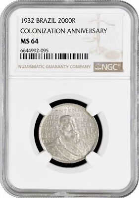 Brazil 2000 reis 1932, NGC MS64, "400th Anniversary - Colonization of Brazil" - Image 1 of 2