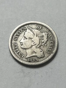 1881 3 Cent Nickel Scarce Semi Key Date Philadelphia Mint Lot V977 - Picture 1 of 12