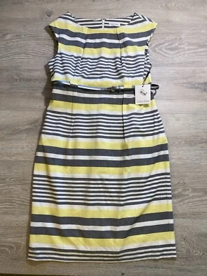 Vestido Vaino Calvin Klein Para Mujer Talla 14 Amarillo Gris Rayas Cinturón NUEVO Foto 1 de 4