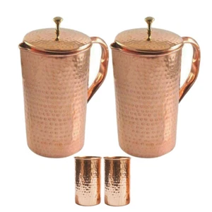 Jarra martillada de cobre puro con vaso de vidrio para servir agua beneficios para la salud regalos - Imagen 1 de 4