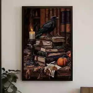 Dark Academia Wall Art: Gothic Black Raven on Books Fantasy Wall Hanging Durazza - Picture 1 of 11