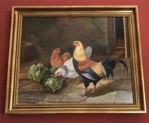 Oil Painting On Canvas, Signed, CHICKENS CABBAGE KITCHEN, Gold Frame 27 X 24 - Picture 1 of 10