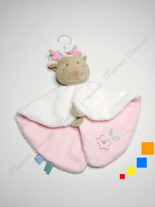 Doudou Plat/Mouchoir Rond Renne/Élan/Cerf Blanc Rose Beige Fleur - Sucre D'orge - Picture 1 of 4