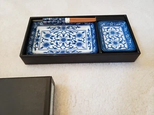 Sushi Tray Plate Bowl in Navy Blue Flower Motif - 3 piece Set -NEW - Picture 1 of 5