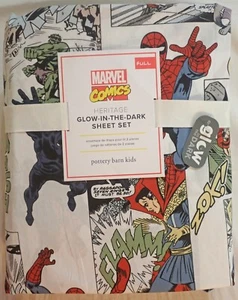NWT POTTERY BARN KIDS MARVEL COMICS HERITAGE FULL GITD 100% COTTON SHEET SET - Picture 1 of 8
