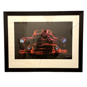 Framed Large Print Of Neon Lit Classic Car *Crack In Glass Of Frame 87cm x 68cm - Picture 1 of 22