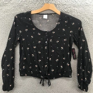 No Boundaries Button Front Blouse Top Womens Medium Black Floral Long Sleeve NEW - Picture 1 of 19
