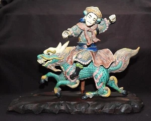 Antique Chinese Terra cotta Roof Tile Warrior riding a Dragon Kylin on stand - Picture 1 of 12