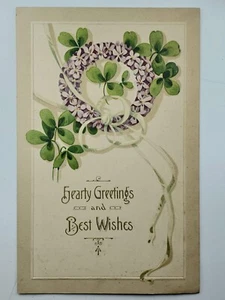 Best Wishes, Clover Flowers, Leaves, Vintage Greeting Postcard Hearty Greetings - Picture 1 of 2
