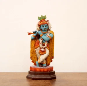 Antigua estatua de Krishna de madera de dios hindú talla vintage hogar jardín templo decoración - Imagen 1 de 4