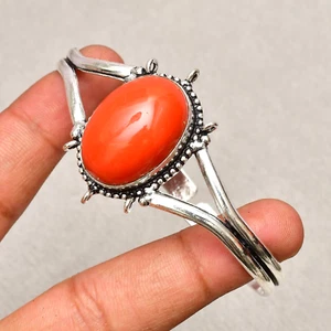 Coral Gemstone 925 Sterling Handmade Silver Jewelry Bracelet Cuff 7-8" - Picture 1 of 8