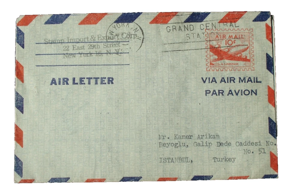 US SC UC16 AIR MAIL 10.c AEROGRAMME LETTER 1951 to TURKEY - Image 1 of 2