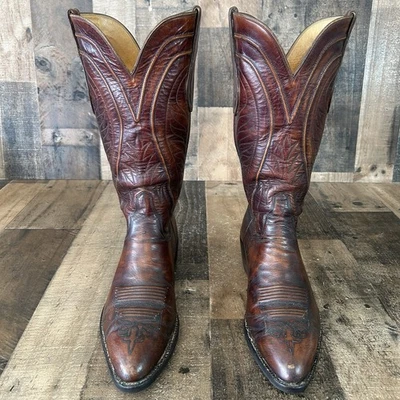 Botas masculinas de cowboy faroeste de couro vintage TO Stanley 9,5 D - Imagem 1 de 4