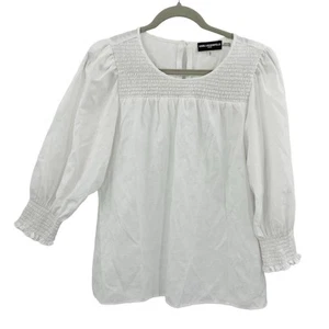 Karl Lagerfeld Smocked Top Women Size Medium White Floral Texture Boho Peasant - Picture 1 of 8