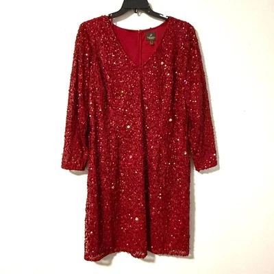 Vestido de cóctel Adrianna Papell rojo oscuro lentejuelas cuello en V manga larga talla 20W Foto 1 de 4