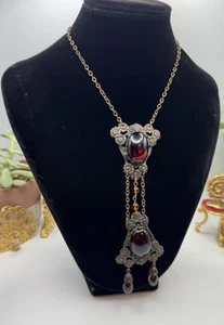 Dramatic Art Nouveau Necklace Garnet Red Glass Cabochons Ornate Brass Floral - Picture 1 of 12