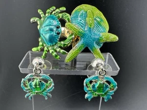 Vintage MJ Marie Jennifer Signed Enameled Crab Earrings Brooch Aqua Blue Green - Picture 1 of 23