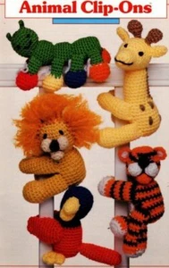 VTG CROCHET 87P51 ANIMAL CLIP-ONS ELEPHANT/GIRAFFE/LION/MONKEY - Picture 1 of 3