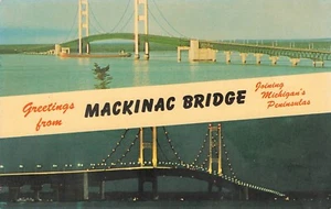 Postal Vista de Duelo Saludos desde Mackinac Bridge Michigan Penínsulas - Imagen 1 de 2