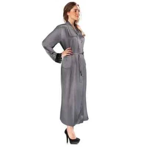 Aus Vio 100% Natural Charmeuse Silk Satin Robe with Black Lace, Grey, Medium - Picture 1 of 4