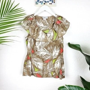 Chaus Silk Cotton Blend Palm Tree Tropical Print Ruffle Blouse Top 10P Women's - Picture 1 of 8