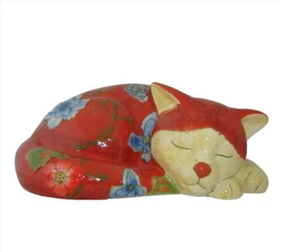 Cat Figurine Sleeping 25.5 cm Long Ceramic Orange Calico Tabby Whimsical Floral - Изображение 1 из 2