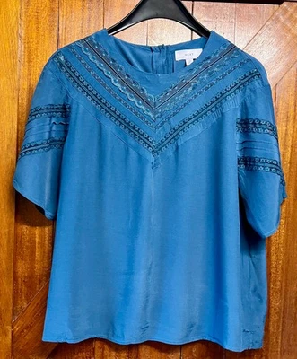 Next Teal Lace Short Sleeve Silky Top Size 12 Buttoned Back - Image 1 of 3
