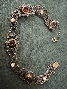 EXQUISITE AUSTRO HUNGARIAN 835 SILVER BRACELET GARNETS & PEARLS G.F. SETTINGS - Picture 1 of 19