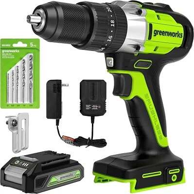 Greenworks 24V 1/2 in Hammer Drill 530 in-lbs w/ 2Ah Battery 2A Charger 5Pcs Bit - Image 1 of 4
