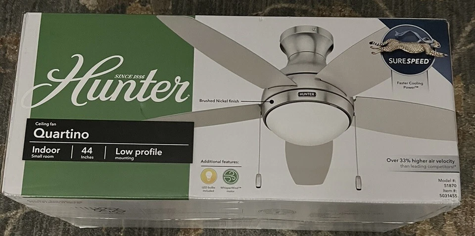 Hunter Quartino 44" Low Profile Brushed Nickel Indoor Flush Mount Ceiling Fan - Image 1 of 1