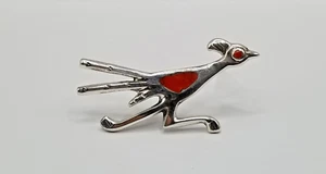 Vintage indianische Sterlingsilber natürliche Koralle Intarsien Roadrunner Anstecknadel Brosche - Bild 1 von 9