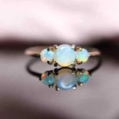 Natural Fire Opal Three Gemstone Ring 10k Solid Gold Size Available - Image 1 of 4