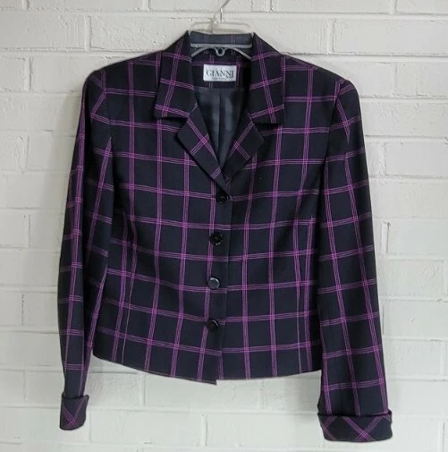 Conjunto de traje falda a rayas púrpura oscuro academia vintage 100 % lana blazer 10PSfirt 12P Foto 1 de 4