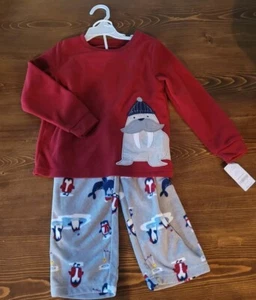 NWT Carter's 2 Piece Fleece Pajama Set Boy Penguins Walrus Size 5T Red Gray - Picture 1 of 4