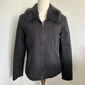 Queenspark Black Denim Winter Jacket Size 12 Fluffy Collar Zip Quilted lining - Picture 1 of 7