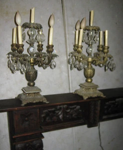 TWO ANTIQUE HOME METAL CRYSTAL PRISM CANDLELABRA CANDLE LAMPS LIGHT SCONCE ART - Picture 1 of 10