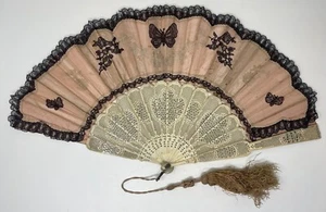 Antique! Pink w/ Black Lace Butterfly & Flowers Fan Hand Fan with Bone Spokes - Picture 1 of 7