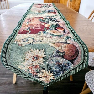 Fruits and Flowers Tablerunner with Tassle Ends Multi-Colored Fall Harvest Patte - Picture 1 of 23