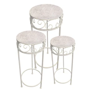 3er Set Metall Blumenhocker / Beistelltisch Tisch Blumen antikweiß rund - Bild 1 von 5