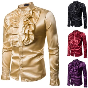 Hombres Brillante Aspecto Húmedo Camisa Blusa Plisada Frontal Prendas para el torso Showman Disfraz Victoriano - Imagen 1 de 16