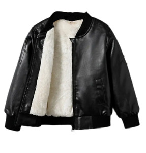 Kids Warm Winter Jacket Faux Leather Fleece Lined