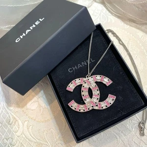 Chanel Big Coco Necklace B17S Pink Stone Rhinestone 24" Chain Used - Picture 1 of 6