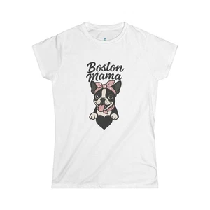 Boston Mama T-Shirt Women’s Soft Tee S-3XL Boston Terrier White Pink Blue - Picture 1 of 10