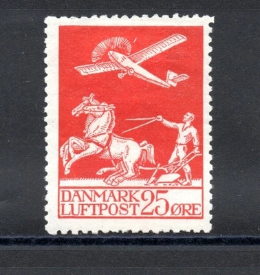 Dinamarca 19215 antiguo sello de correo aéreo 5 Kr. Caballo/Avión (Michel 145) bonito MLH Foto 1 de 2