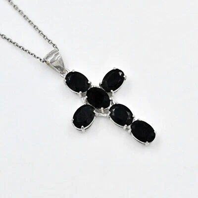 Natural Black Spinel Holy Cross Pendant 925 Sterling Silver August Birthstone Foto 1 de 4