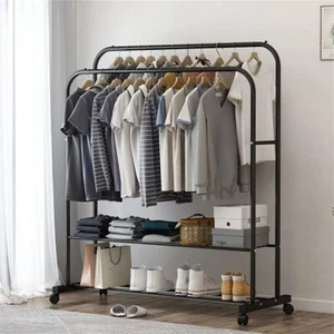 Heavy Thicken Metal Double Clothes Rail Sturdy Open Hanging Shelf Storage Rack - Picture 1 of 14