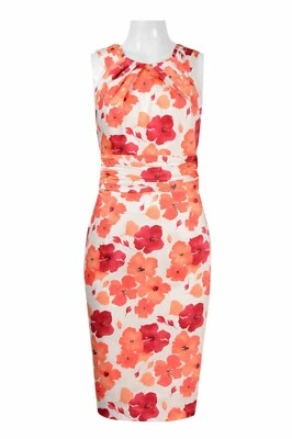 Adrianna Papell Ruched Stretch Day Dress Fits Size 14 Orange Floral NWT $120 - Image 1 of 3